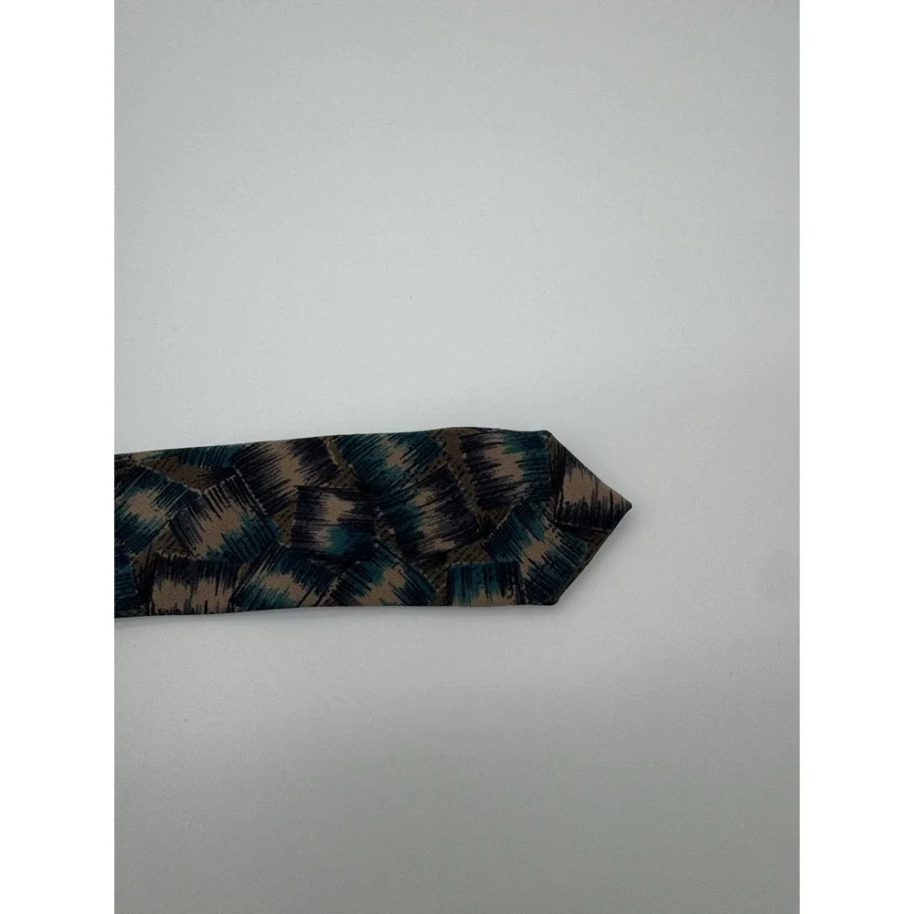 Secours 100% Silk Tie Abstract Geometric Brown Teal Tan Pattern‎ Classic Necktie